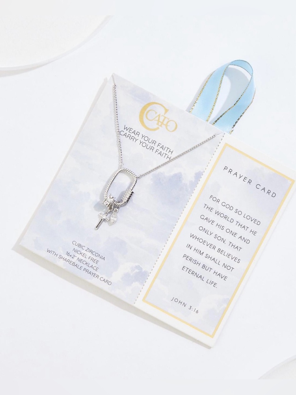 Cato cross Christian prayer card necklace toggle John 3:16 silver carabiner